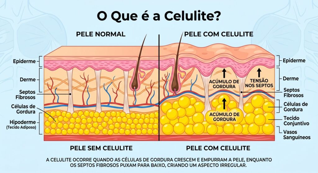 Ilustração sobre o que é e onde está a celulite.