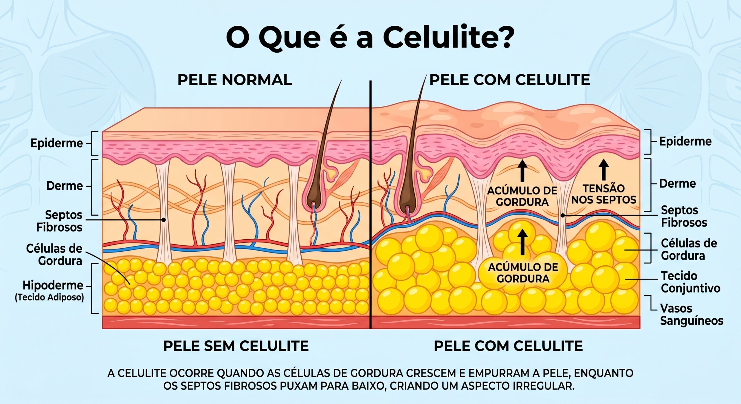 Ilustração sobre o que é e onde está a celulite.
