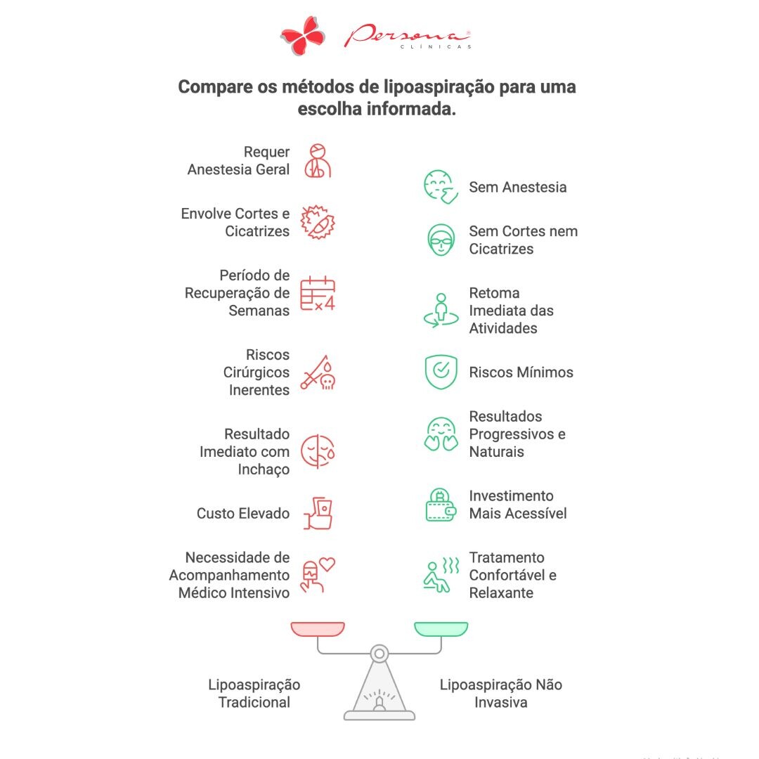 Quadro comparativo de lipoaspiração tradicional vs. lipoaspiração não invasiva: o confronto com vencedor claro.